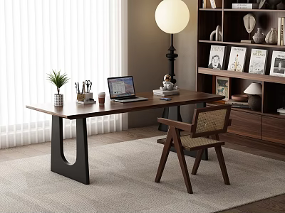 Modern Home Office Desk with Laptop Stationery Small Plant Chair Floor Lamp and Bookshelf 3d model