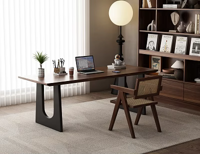 Modern Home Office Desk with Laptop Stationery Small Plant Chair Floor Lamp and Bookshelf 3d model