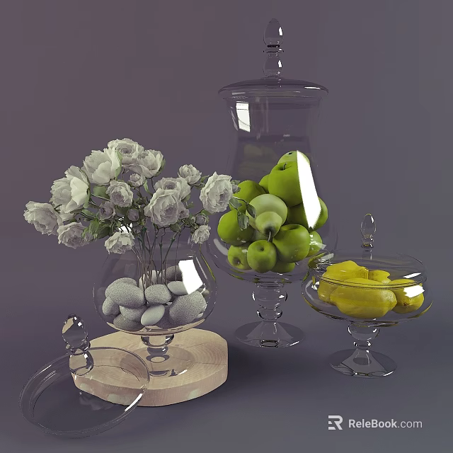 Fresh Green Pears and Lemons in Transparent Glass Containers with White Flowers and Pebbles 3d model 