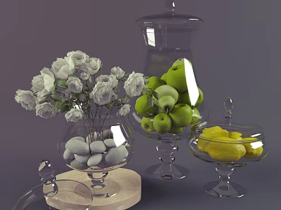 Fresh Green Pears and Lemons in Transparent Glass Containers with White Flowers and Pebbles 3d model