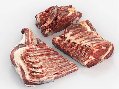 Fresh Raw Beef Ribs With Marbled Texture And Bone In Three Pieces 3d model