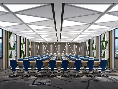 Modern Conference Room Interior With Long Table Blue Chairs Geometric Ceiling And Green Plant Walls 3d model