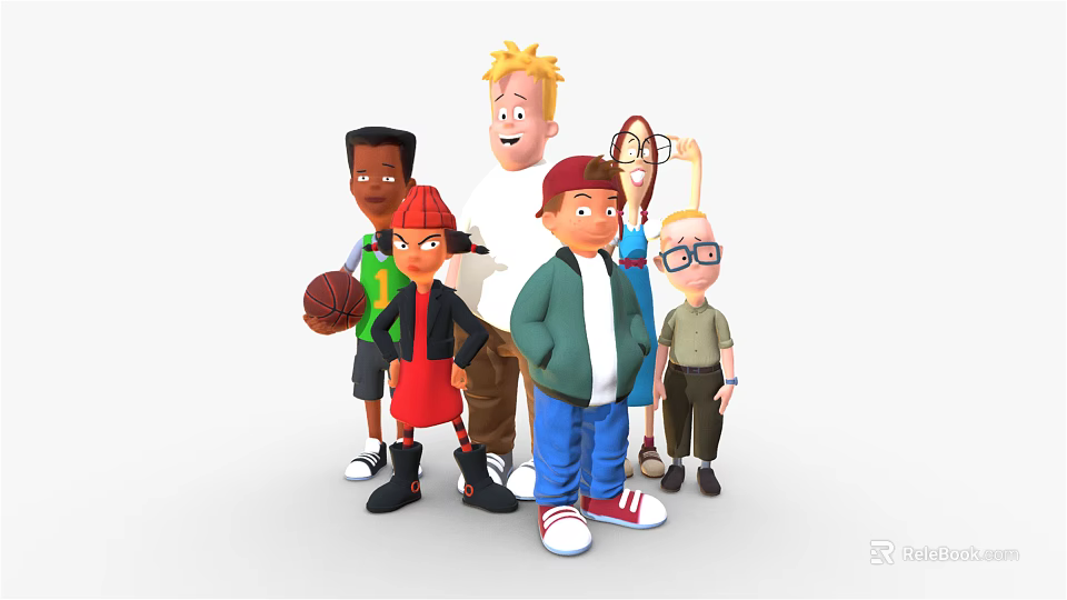 Diverse Group of Cartoon Characters Standing Together with Basketball and Casual Outfits 3d model 
