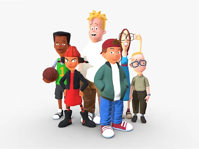 Diverse Group of Cartoon Characters Standing Together with Basketball and Casual Outfits 3d model