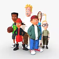 Diverse Group of Cartoon Characters Standing Together with Basketball and Casual Outfits