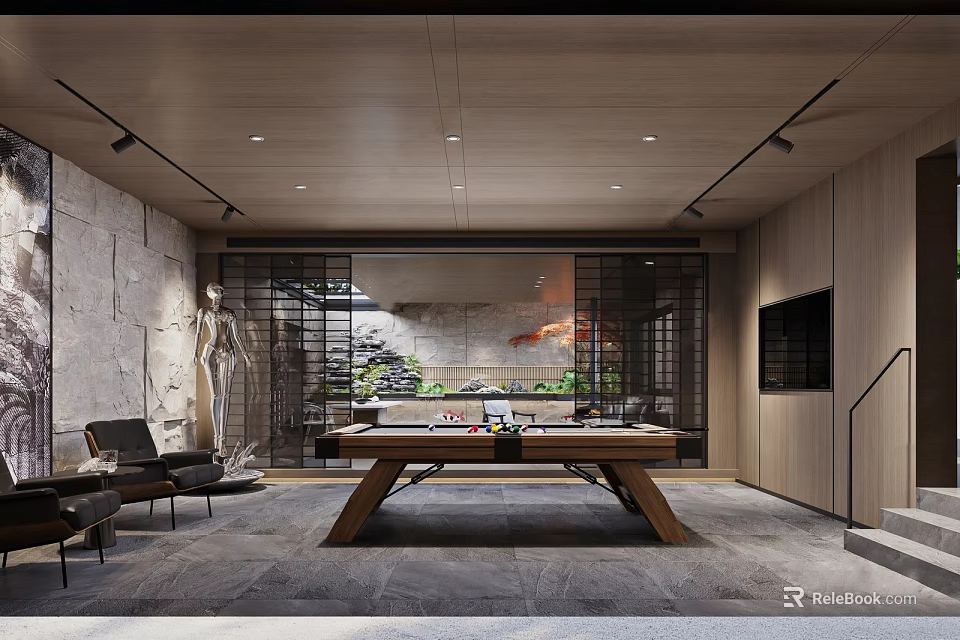 Modern Billiard Room Interior Design With Wooden Table Comfortable Seating Stone Wall And Greenery 3d model 