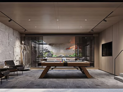 Modern Billiard Room Interior Design With Wooden Table Comfortable Seating Stone Wall And Greenery 3d model