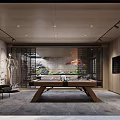 Modern Billiard Room Interior Design With Wooden Table Comfortable Seating Stone Wall And Greenery