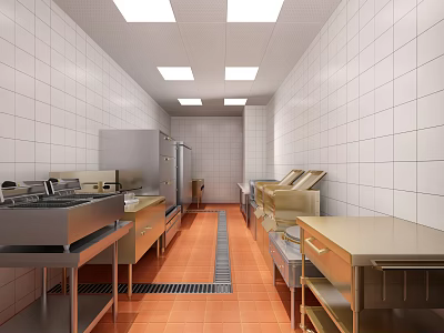 Commercial Restaurant Kitchen Featuring White Tiled Walls Stainless Steel Equipment Metal Worktables And Orange Flooring 3d model