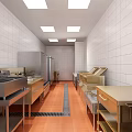 Commercial Restaurant Kitchen Featuring White Tiled Walls Stainless Steel Equipment Metal Worktables And Orange Flooring