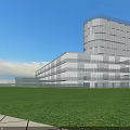 Modern Industrial Factory Building With Glass Curtain Wall White Gray Exterior And Green Lawn Blue Sky Background