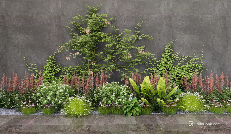 Lush Green Plants And Flowering Vines Against Gray Wall With Stone Floor 3d model 