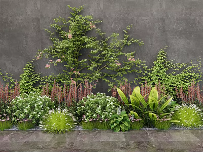 Lush Green Plants And Flowering Vines Against Gray Wall With Stone Floor 3d model
