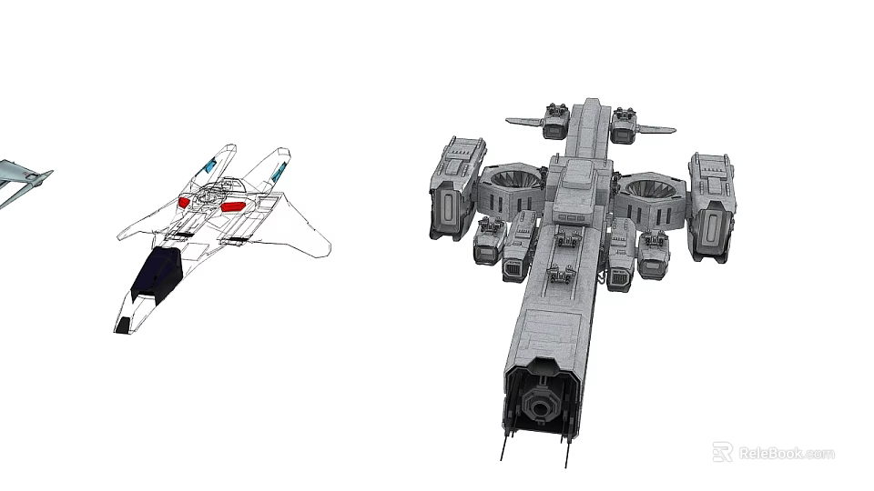 Detailed Spaceship Model And Line Drawing Concept With Complex Structure And Engines 3d model