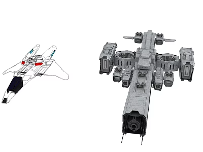 Detailed Spaceship Model And Line Drawing Concept With Complex Structure And Engines 3d model