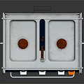 Retro Kitchen Stove Appliance With Four Burners And Blue Cabinet Drawer Design