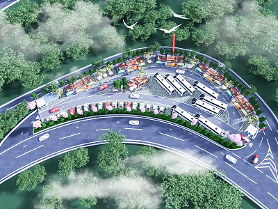 Aerial View Of Circular Road Surrounded By Buildings Green Trees And Vehicles 3d model