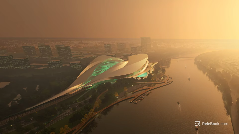Aerial Planning of Modern Waterfront Building With Streamlined Design Green Lighting And Urban River Landscape 3d model 