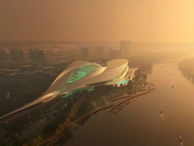Aerial Planning of Modern Waterfront Building With Streamlined Design Green Lighting And Urban River Landscape 3d model