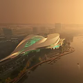 Aerial Planning of Modern Waterfront Building With Streamlined Design Green Lighting And Urban River Landscape