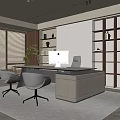 Modern Elegant Office Interior With Large Desk Computer Bookshelf Decorations Green Plants And Window Blinds