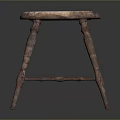 Vintage Wooden Stool With Worn Round Seat And Four Rustic Legs Design