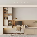 Modern White Bookcase In Bright Study Interior With Desk Computer Bench And Plant