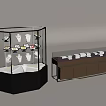 Jewelry Display Cases Hexagonal Glass Showcase And Long Counter With Jewelry Accessories And Display Mannequins
