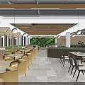 Modern Restaurant Interior With Hanging Pendant Lights Green Plants Yellow Chairs And Marble Flooring