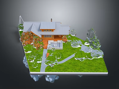 Modern Wooden House with Sloped Roof Chimney and Patio Surrounded by Green Lawn and Trees 3d model