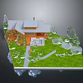 Modern Wooden House with Sloped Roof Chimney and Patio Surrounded by Green Lawn and Trees