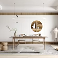 Modern Tea Room Interior Featuring Wooden Walls White Cabinets Round Mirror Long Table Tea Sets