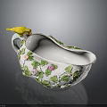 Decorative Porcelain Bowl With Green Leaves Pink Flowers And Yellow Bird Ornament For Home Decor