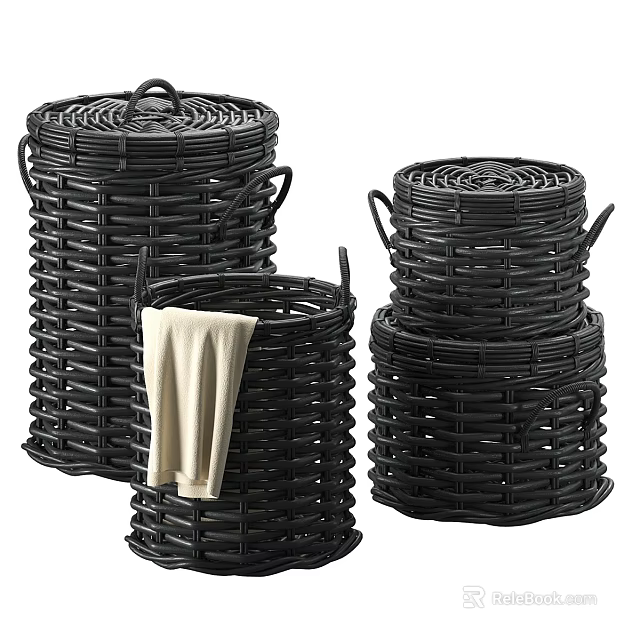 Black Wicker Storage Baskets with Towel in Various Sizes for Home Use 3d model 