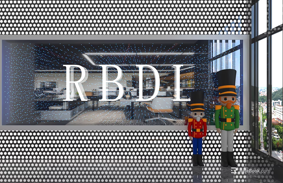 Perforated Metal Background Wall in Modern Office Interior with RB DI Letters And Nutcrackers Decoration 3d model 