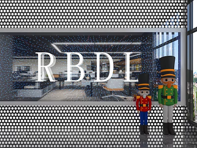 Perforated Metal Background Wall in Modern Office Interior with RB DI Letters And Nutcrackers Decoration 3d model