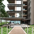 Multi story Boutique Guesthouse with Large Windows Balconies Lush Green Trees and Wooden Walkway