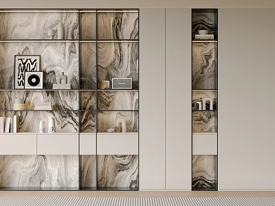 Modern Bookcase With Marble Texture Open Shelves Closed Cabinets And Decorative Items 3d model