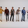 Group of Six Men Standing in Line with Different Casual Clothing Styles and Light Background