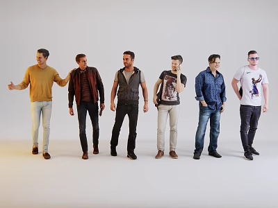 Group of Six Men Standing in Line with Different Casual Clothing Styles and Light Background 3d model