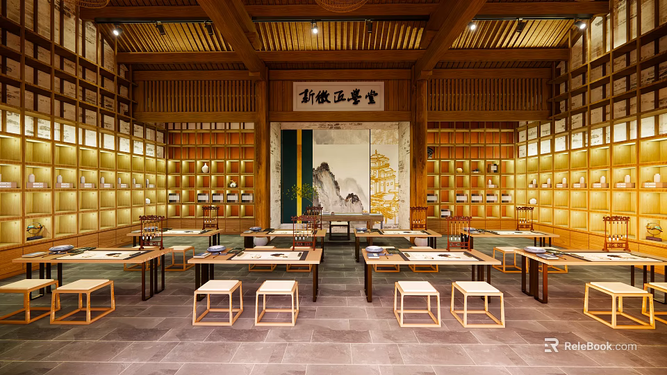 Traditional Chinese School Study Space With Wooden Bookshelves Tables And Calligraphy Painting 3d model 