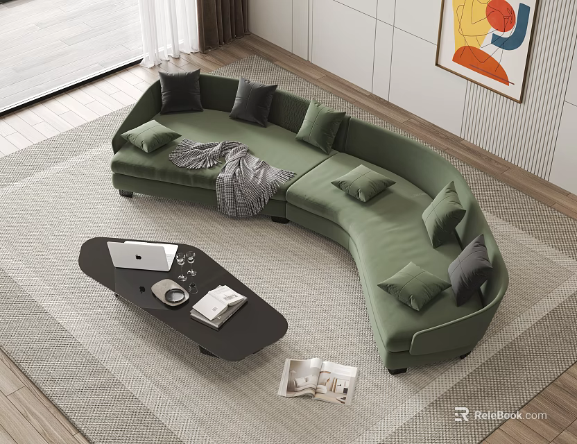 Curved Green Sectional Sofa with Gray Cushions Throw Blanket in Modern Living Room 3d model 