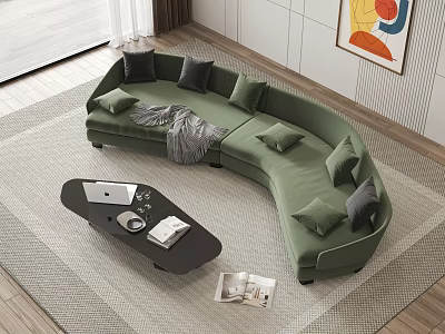 Curved Green Sectional Sofa with Gray Cushions Throw Blanket in Modern Living Room 3d model