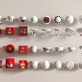 Various Fire Safety Equipment Including Smoke Detectors Alarm Buttons Fire Cabinets And Sprinklers