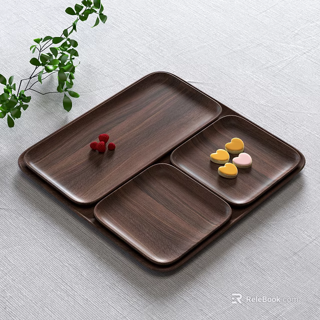 Wooden Tray With Dark Wood Plates Red Berries Heart Shaped Pastries And Green Leaf Branch 3d model 