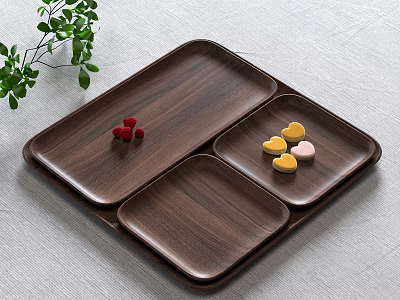 Wooden Tray With Dark Wood Plates Red Berries Heart Shaped Pastries And Green Leaf Branch 3d model