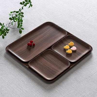 Wooden Tray With Dark Wood Plates Red Berries Heart Shaped Pastries And Green Leaf Branch 3d model