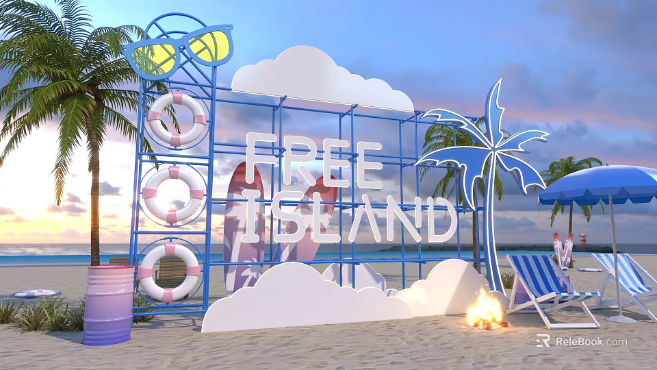 Free Island Beach Scene With Ring Buoys Palm Trees Beach Chairs Fire Pit And Sunset 3d model 