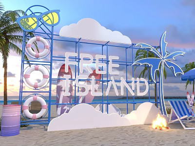 Free Island Beach Scene With Ring Buoys Palm Trees Beach Chairs Fire Pit And Sunset 3d model