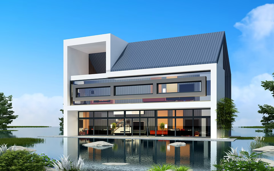Modern Detached Villa With White Exterior Gray Roof Large Windows Front Water Feature And Greenery 3d model 